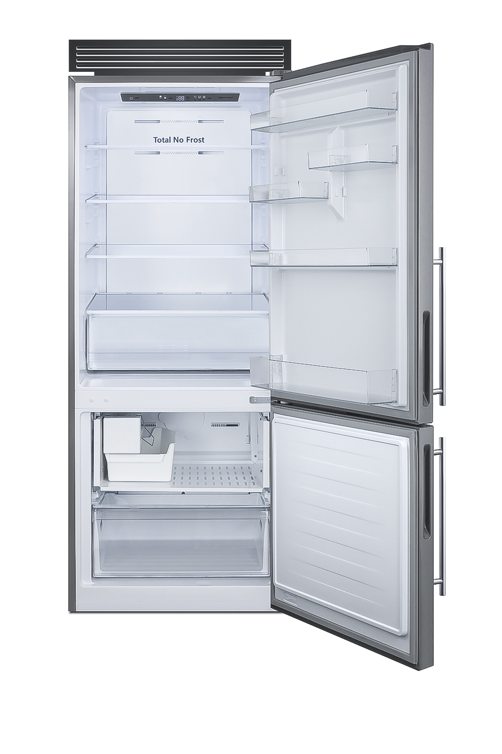 Frost-free bottom freezer refrigerator in stainless steel with factory-installed icemaker and digital controls and a counter depth fit